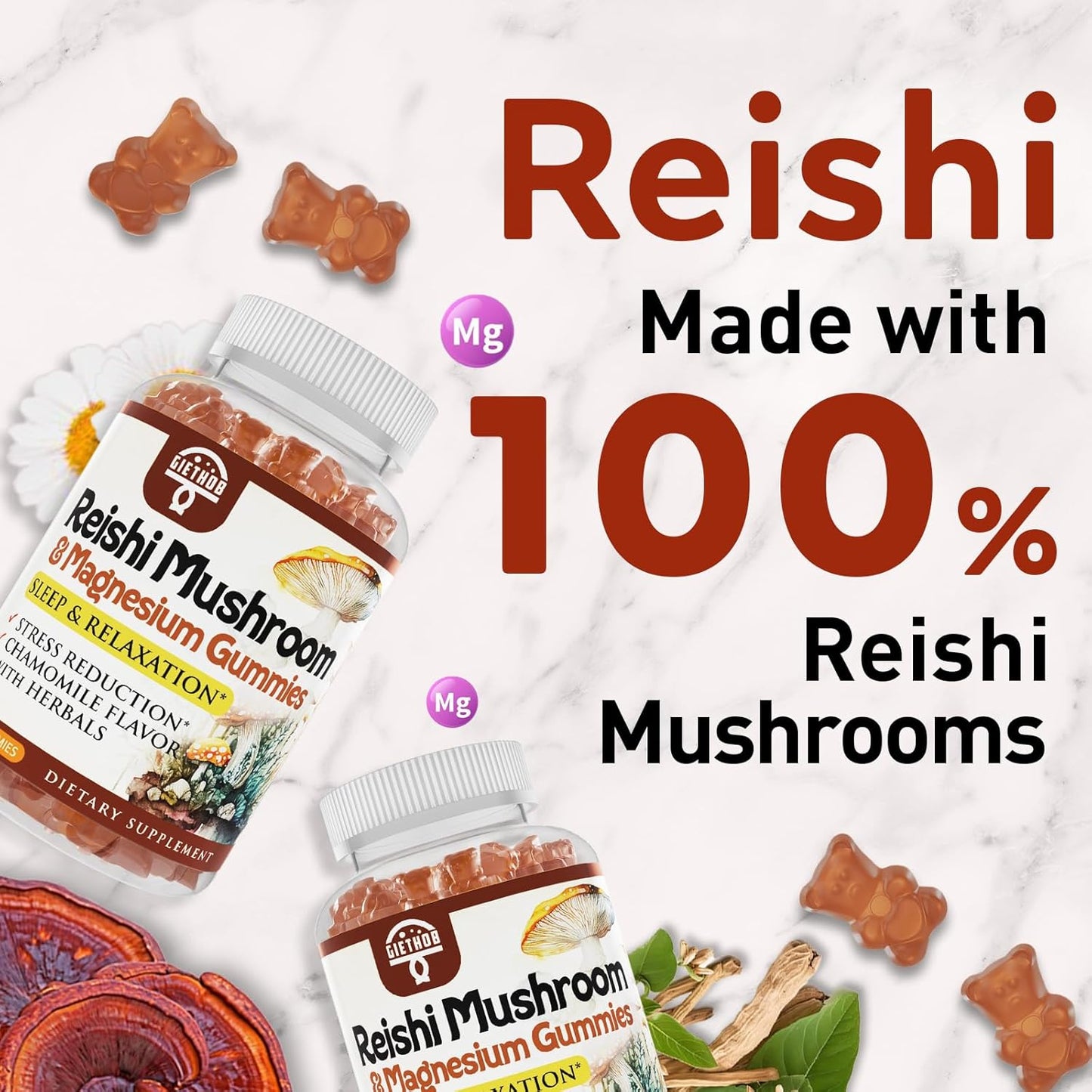 Relaxation Gummies with Reishi Mushroom Extract, Ashwagandha, Magnesium - Vegan Cortisol Supplements for Men & Women - 60 Gummies