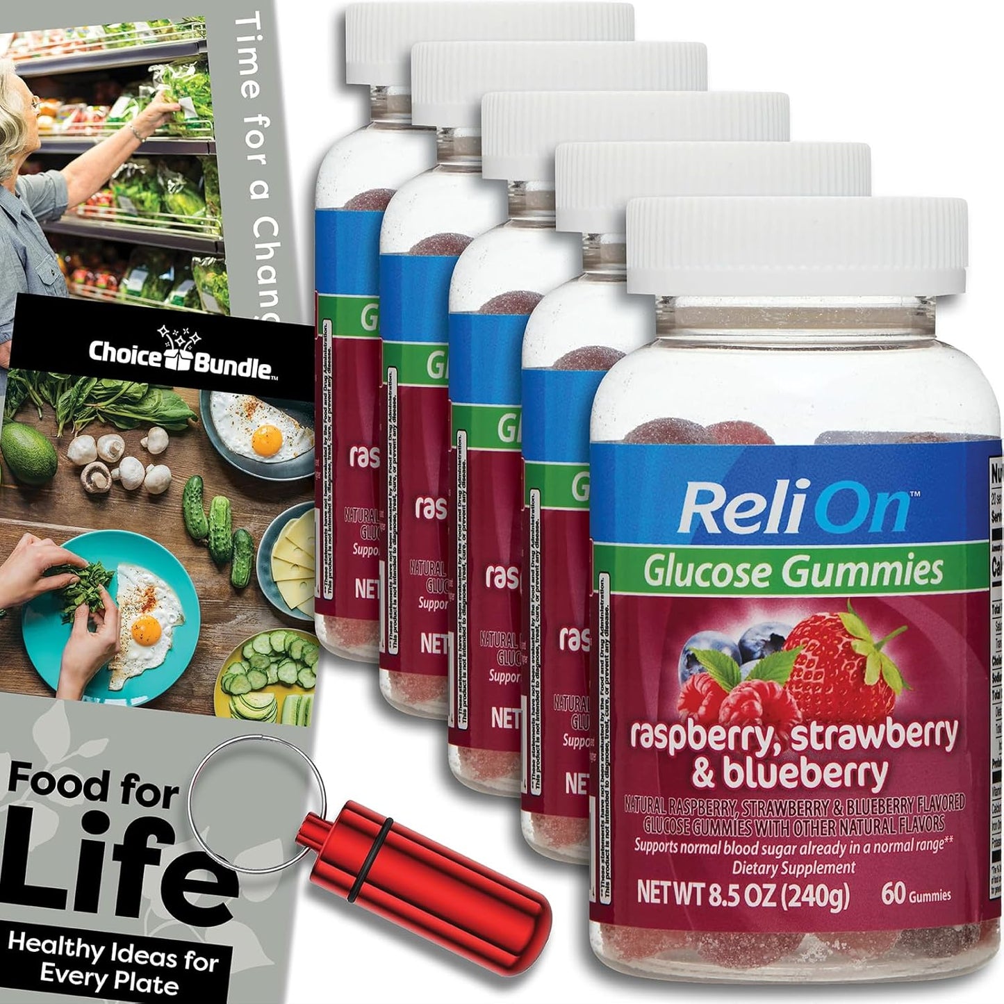 ReliOn Glucose Gummies Berry Flavor Supplement Bundle - 5 Packs, 60ct Each (300 Total) with Food Guide & Pill Container
