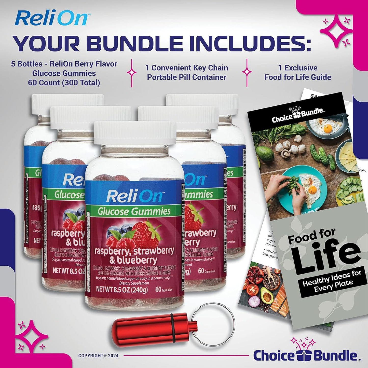 ReliOn Glucose Gummies Berry Flavor Supplement Bundle - 5 Packs, 60ct Each (300 Total) with Food Guide & Pill Container