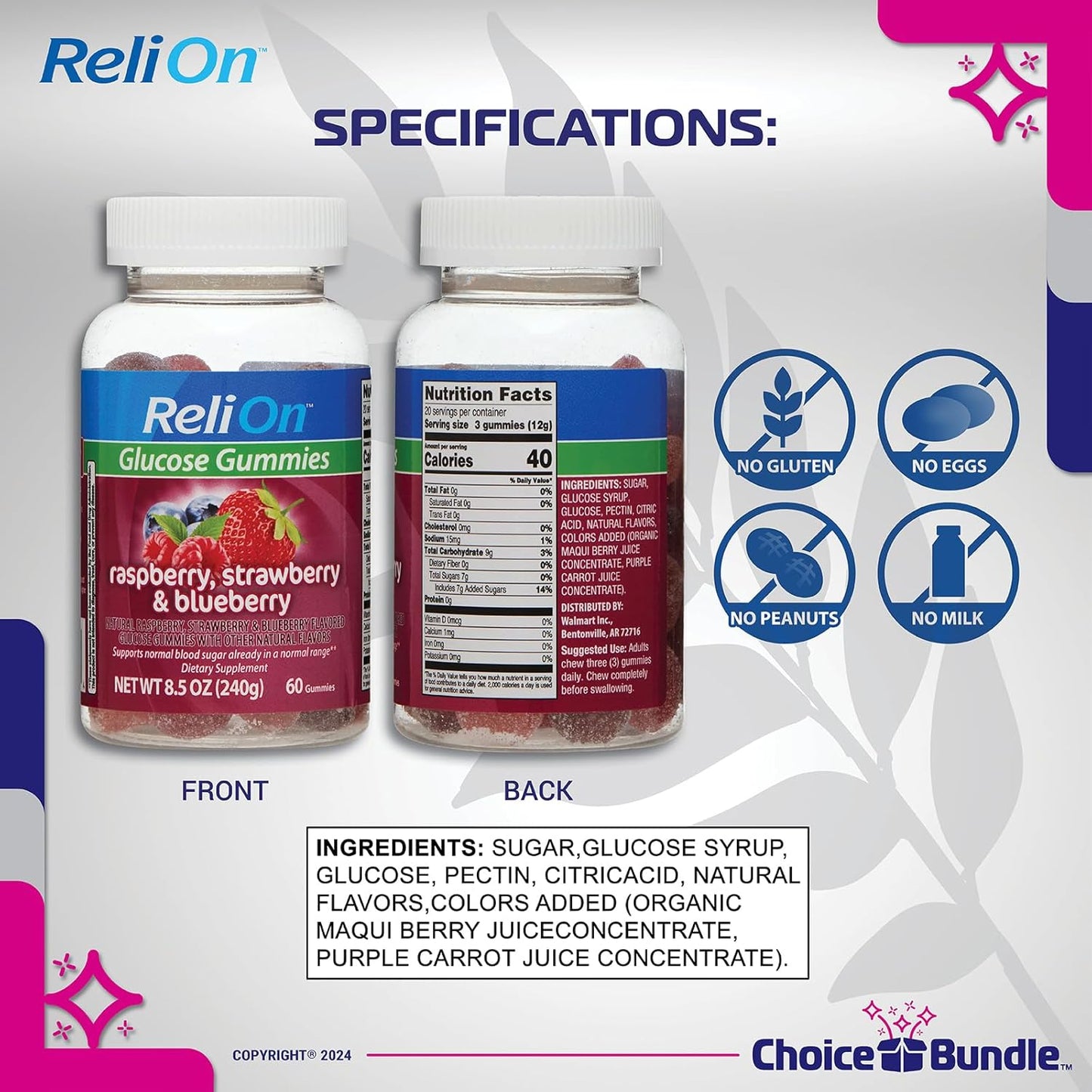 ReliOn Glucose Gummies Berry Flavor Supplement Bundle - 5 Packs, 60ct Each (300 Total) with Food Guide & Pill Container