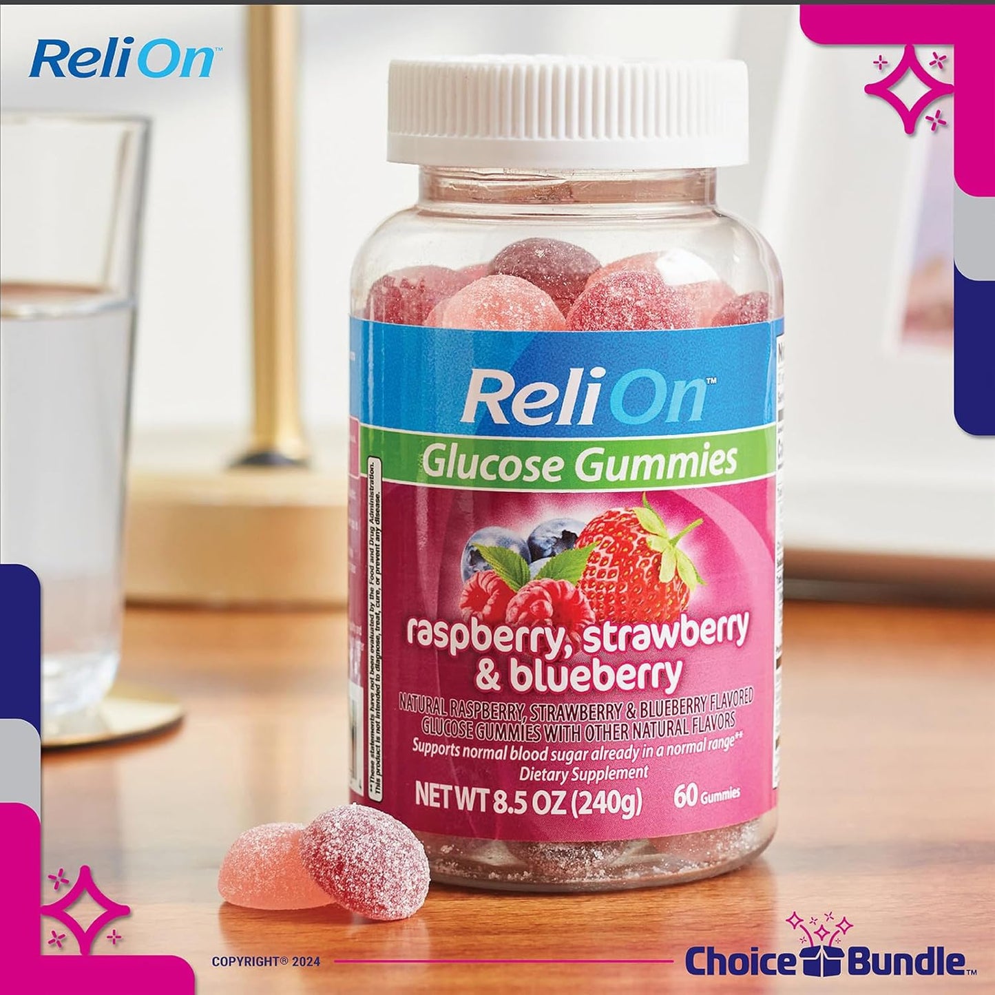 ReliOn Glucose Gummies Berry Flavor Supplement Bundle - 5 Packs, 60ct Each (300 Total) with Food Guide & Pill Container