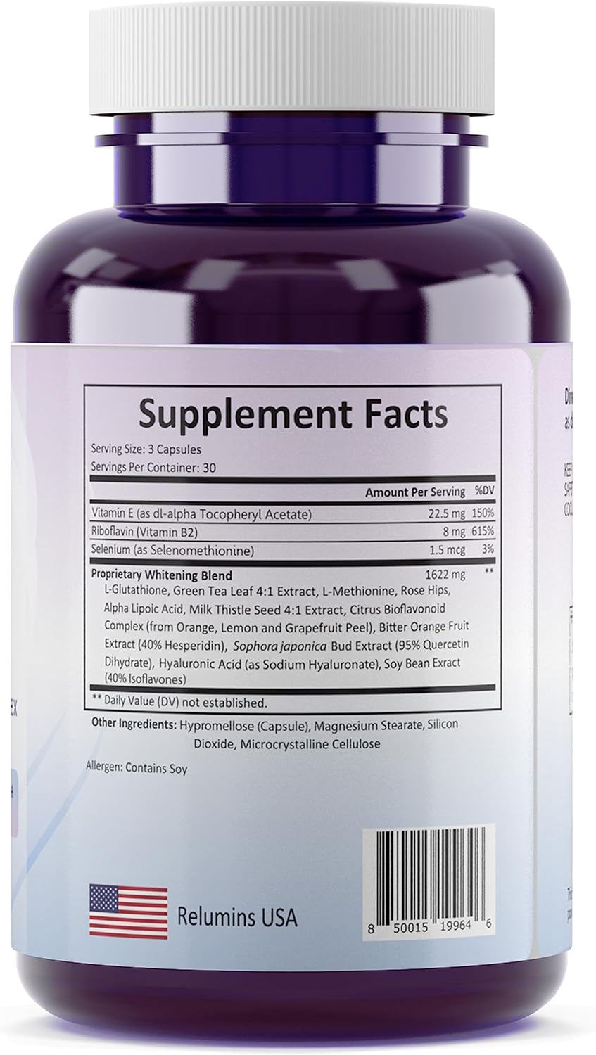 Relumins 1650mg Glutathione Complex Supplement with Hyaluronic Acid, Alpha Lipoic Acid, Rose HIPS, Riboflavin, Vitamin E - 180 Capsules - 2 Bottles