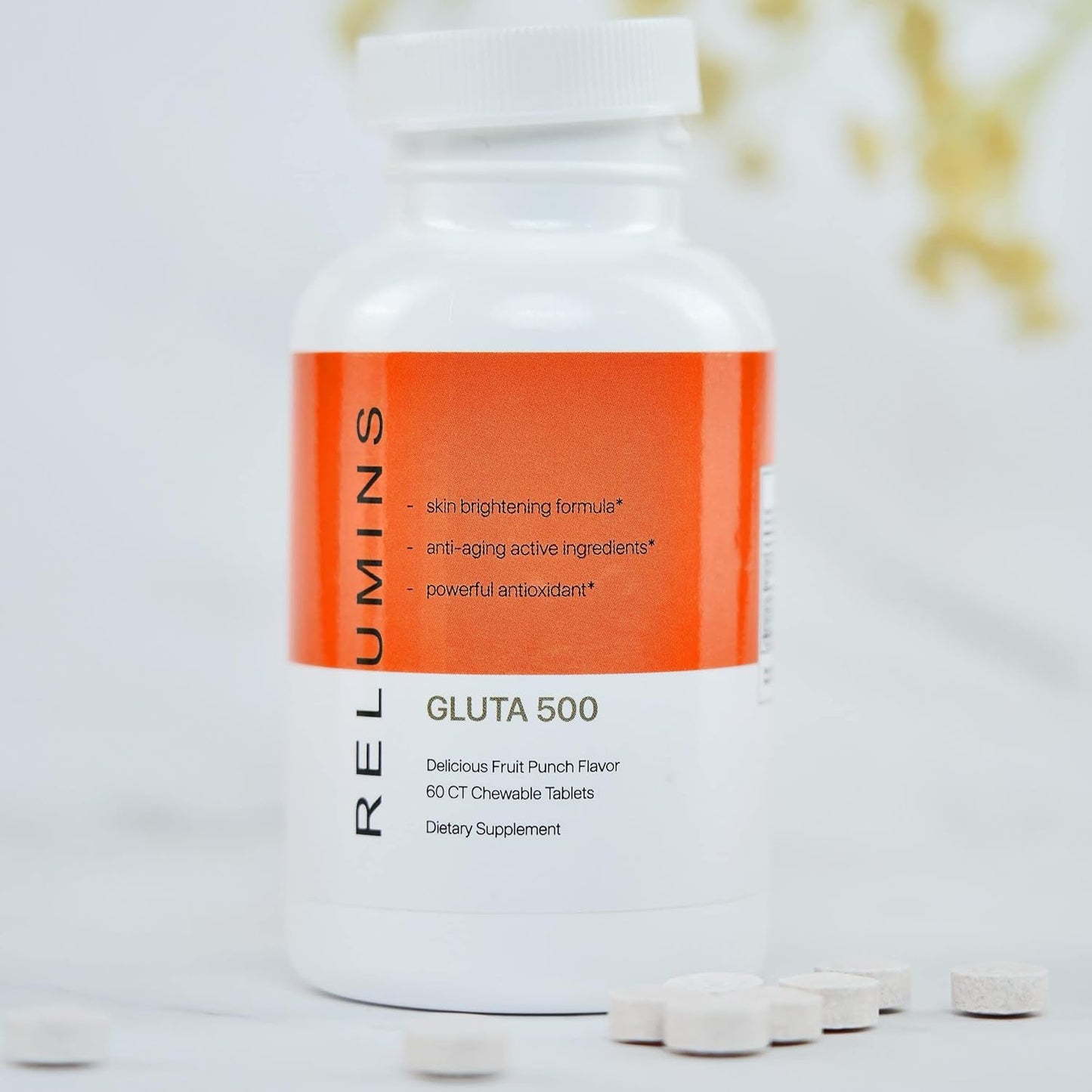 Relumins Gluta 500 Chewable Glutathione Complex with Hyaluronic Acid, Vitamin C, Biotin - Fruit Punch Flavor - 60CT
