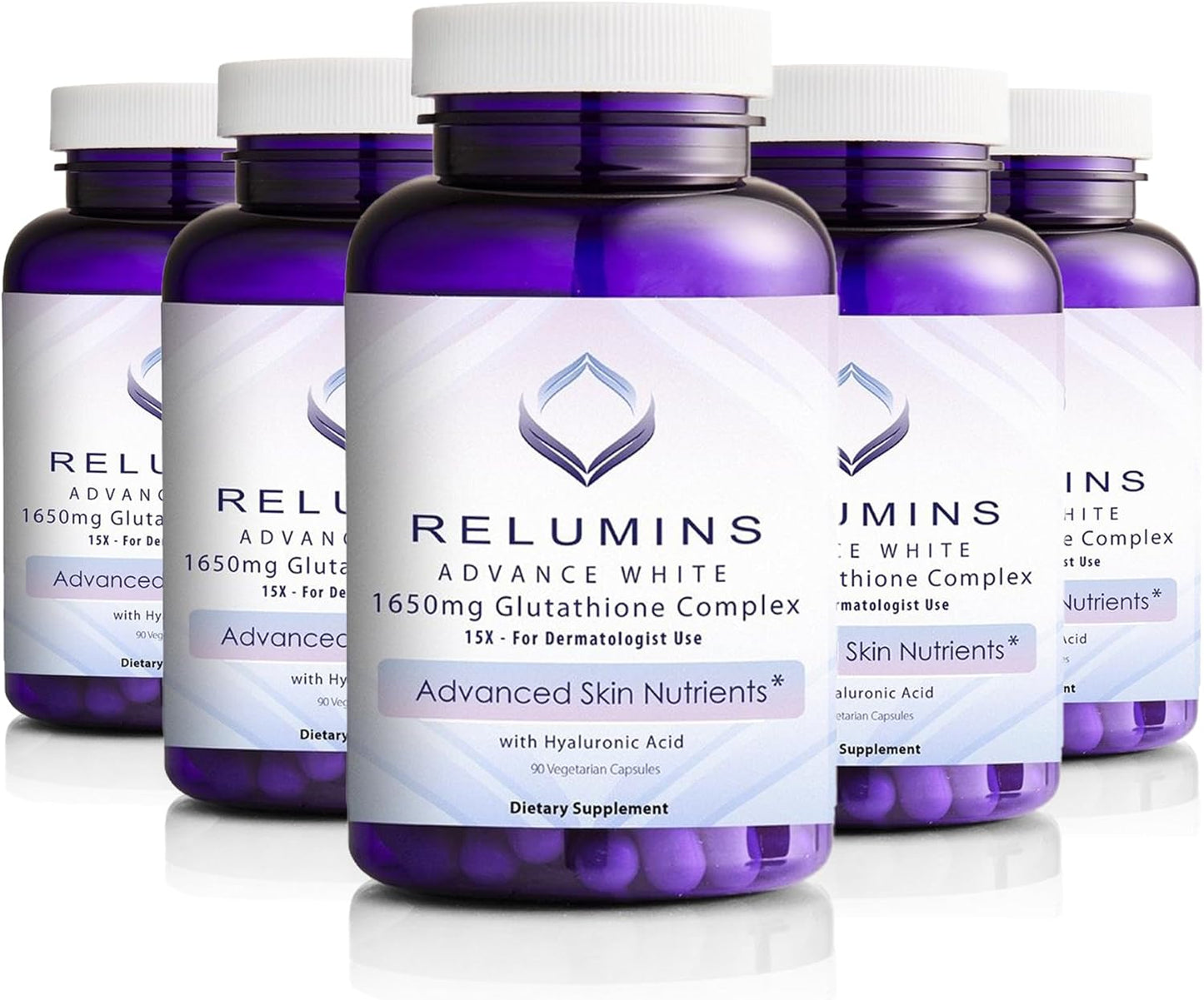 Relumins Glutathione Complex with Hyaluronic Acid, Alpha Lipoic Acid, Rose HIPS, Riboflavin, & Vitamin E - 450 Veggie Capsules - 5 Bottles