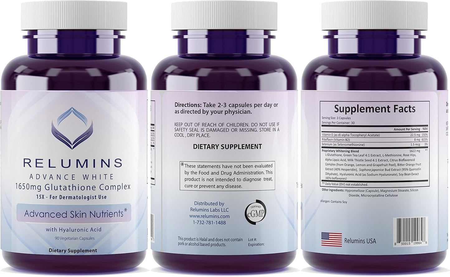 Relumins Glutathione Complex with Hyaluronic Acid, Alpha Lipoic Acid, Rose HIPS, Riboflavin, & Vitamin E - 450 Veggie Capsules - 5 Bottles