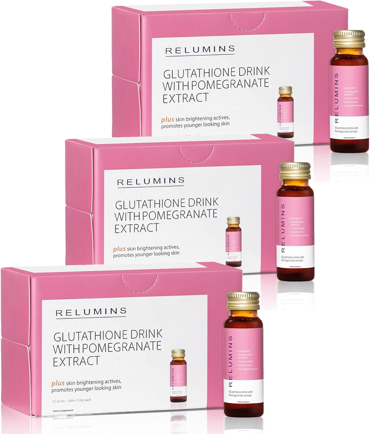 Relumins Glutathione Drink - Pomegranate Flavor, 50mL x 30 Bottles - Enhances Skin Brightness, Firmness, and Youthful Appearance