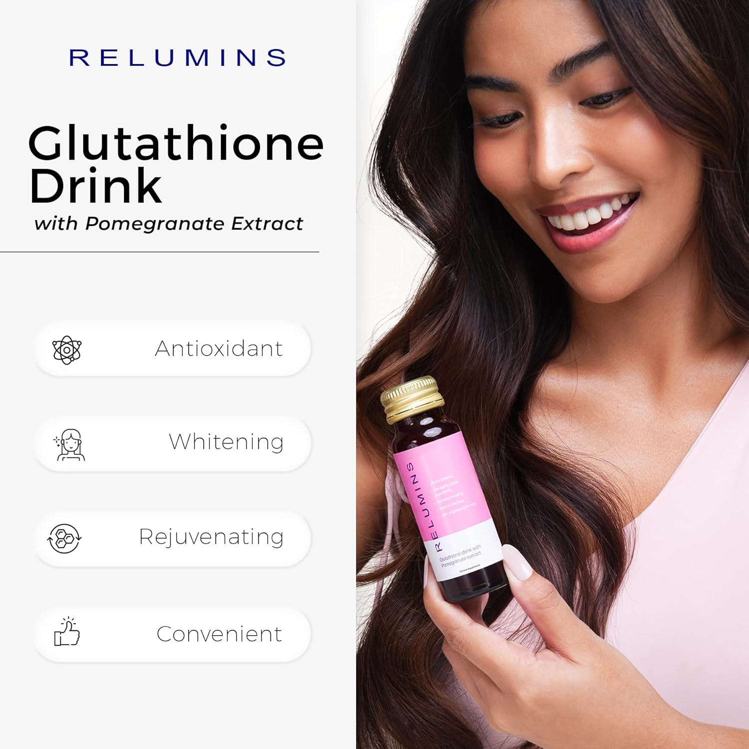 Relumins Glutathione Drink - Pomegranate Flavor, 50mL x 30 Bottles - Enhances Skin Brightness, Firmness, and Youthful Appearance