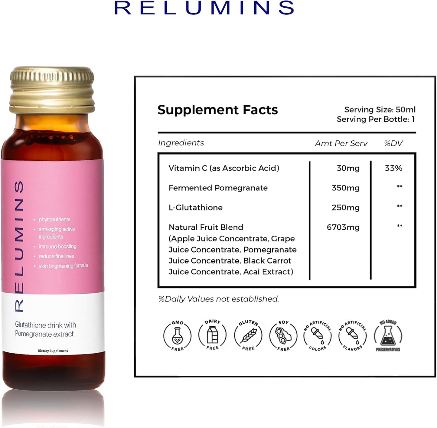 Relumins Glutathione Drink - Pomegranate Flavor, 50mL x 30 Bottles - Enhances Skin Brightness, Firmness, and Youthful Appearance