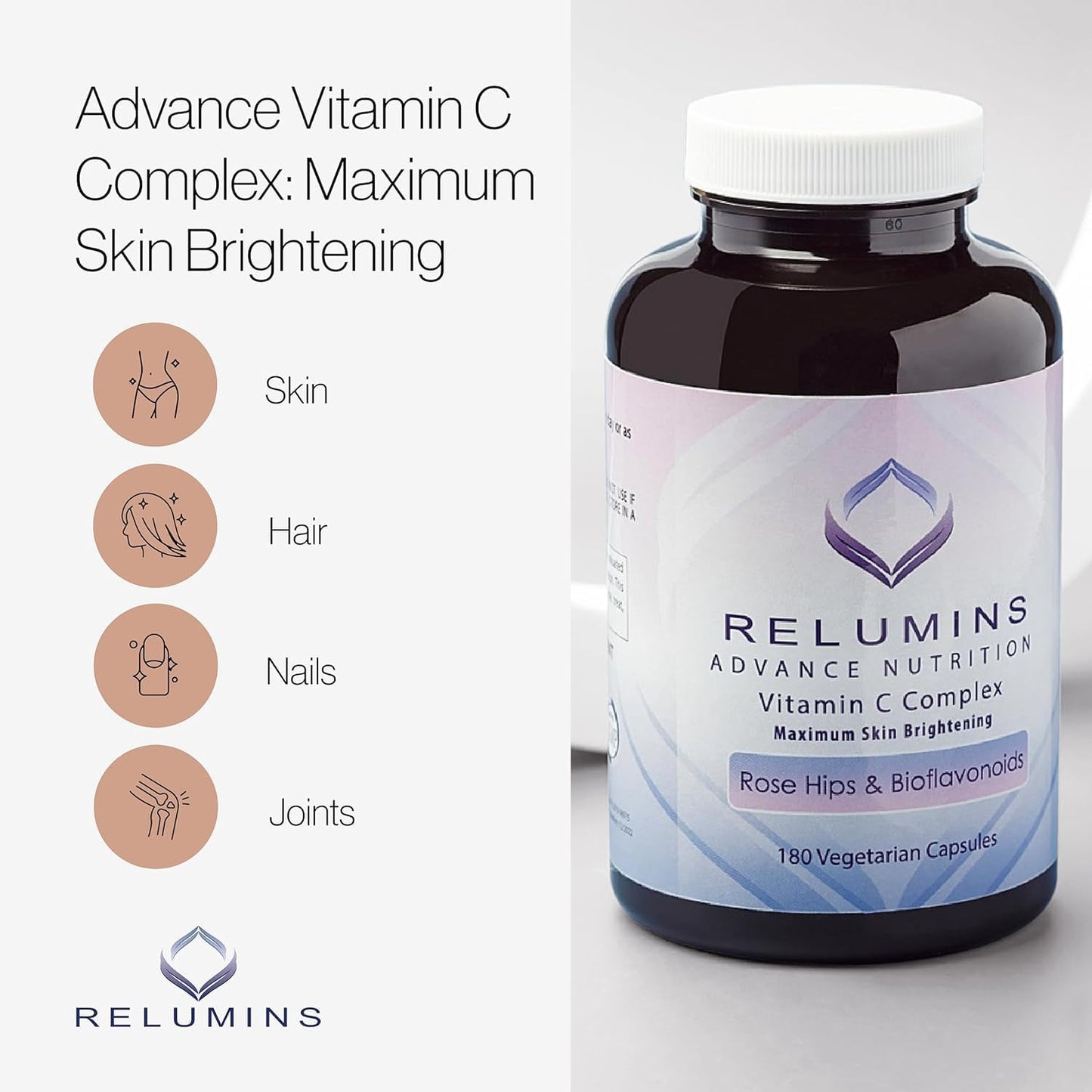 Relumins MAX Skin Brightening Vitamin C Supplement - 1000mg, 180 Capsules x 10 Bottles, with Rose HIPS & Bioflavonoids for Skin Glow