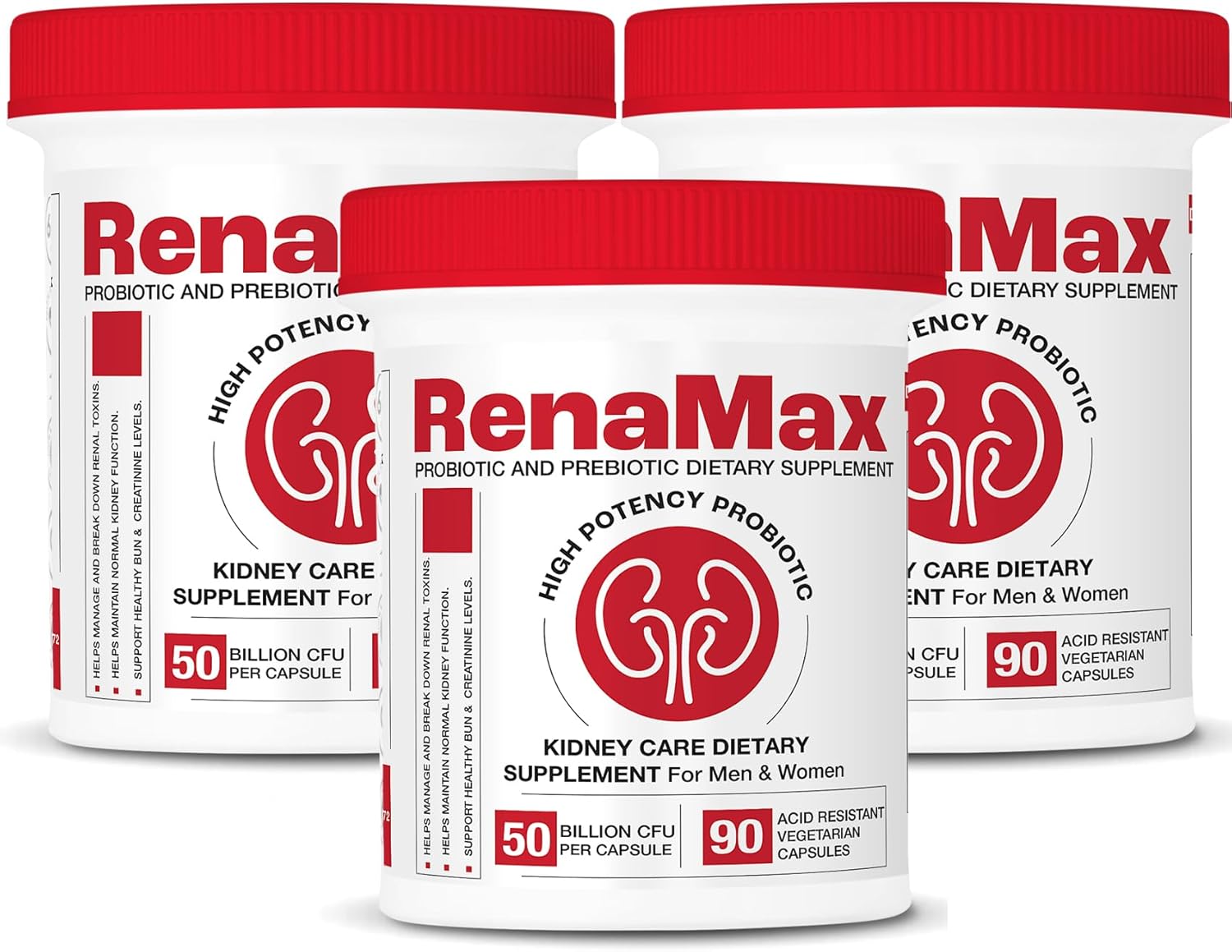 Renamax Kidney Restore Supplement - Probiotic & Prebiotic Support for Healthy Kidney Function - 50 Billion CFU - Made in USA - 270 Capsules (3 Pack)