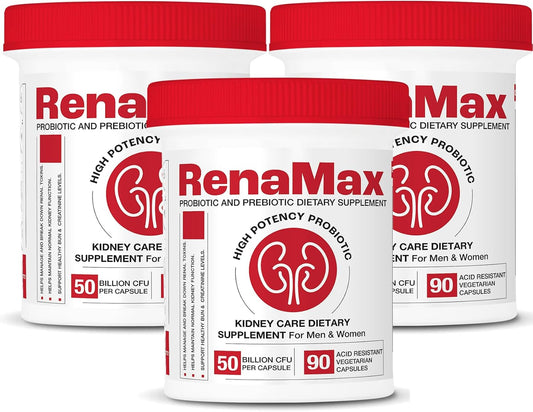 Renamax Kidney Restore Supplement - Probiotic & Prebiotic Support for Healthy Kidney Function - 50 Billion CFU - Made in USA - 270 Capsules (3 Pack)