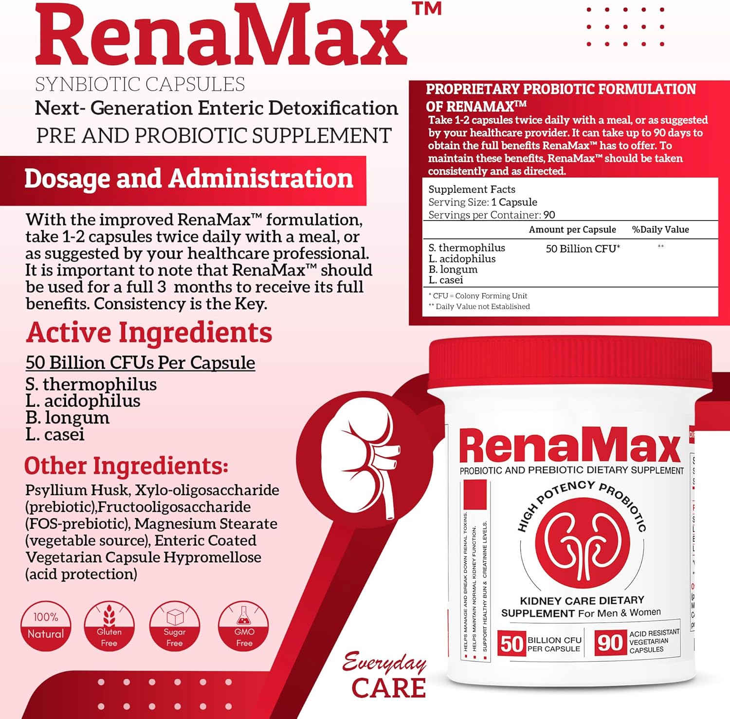 Renamax Kidney Restore Supplement - Probiotic & Prebiotic Support for Healthy Kidney Function - 50 Billion CFU - Made in USA - 270 Capsules (3 Pack)