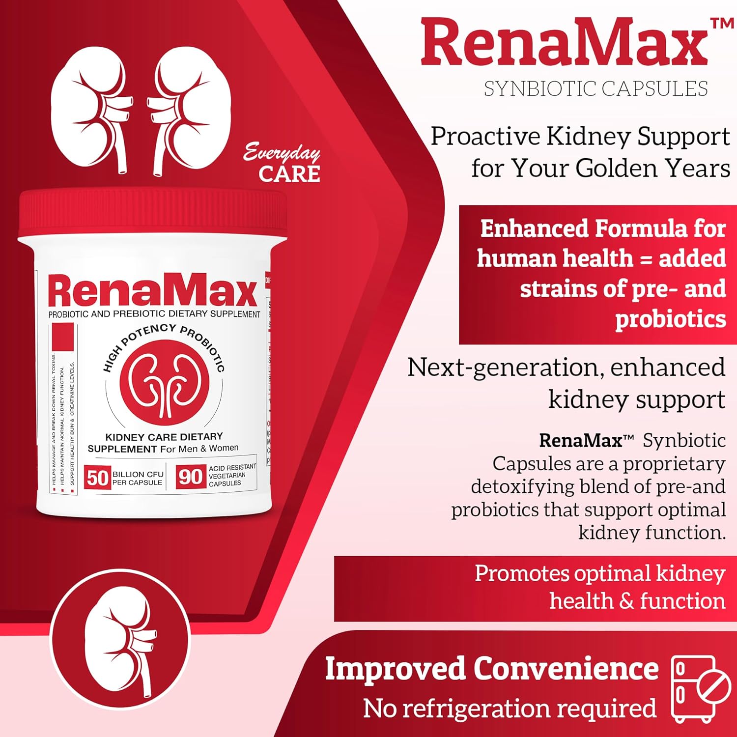 Renamax Kidney Restore Supplement - Probiotic & Prebiotic Support for Healthy Kidney Function - 50 Billion CFU - Made in USA - 270 Capsules (3 Pack)
