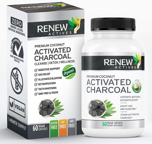 Renew Actives Activated Charcoal Supplement - Natural Digestive Support & Teeth Whitening Formula - 60 Capsules