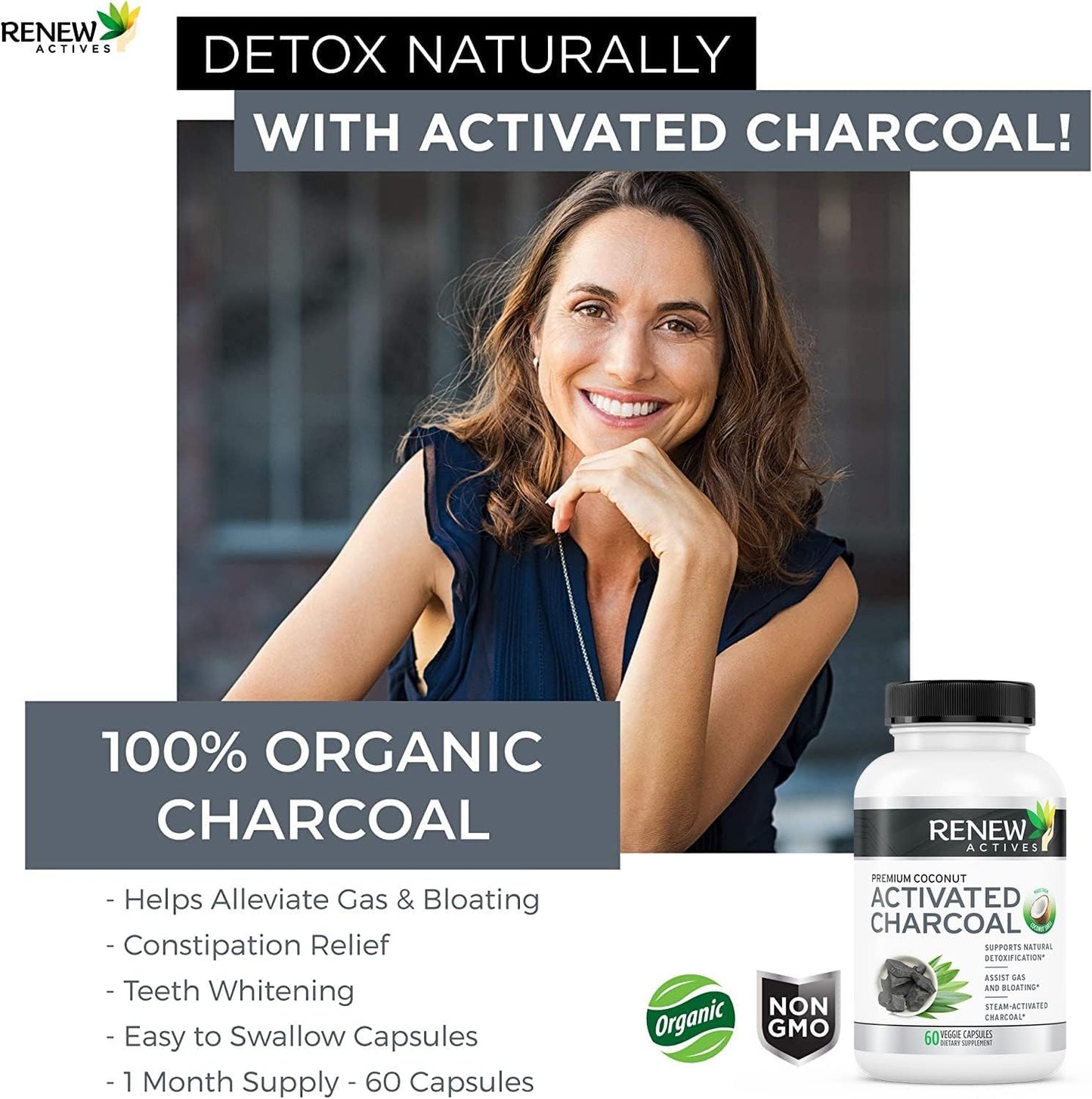 Renew Actives Activated Charcoal Supplement - Natural Digestive Support & Teeth Whitening Formula - 60 Capsules