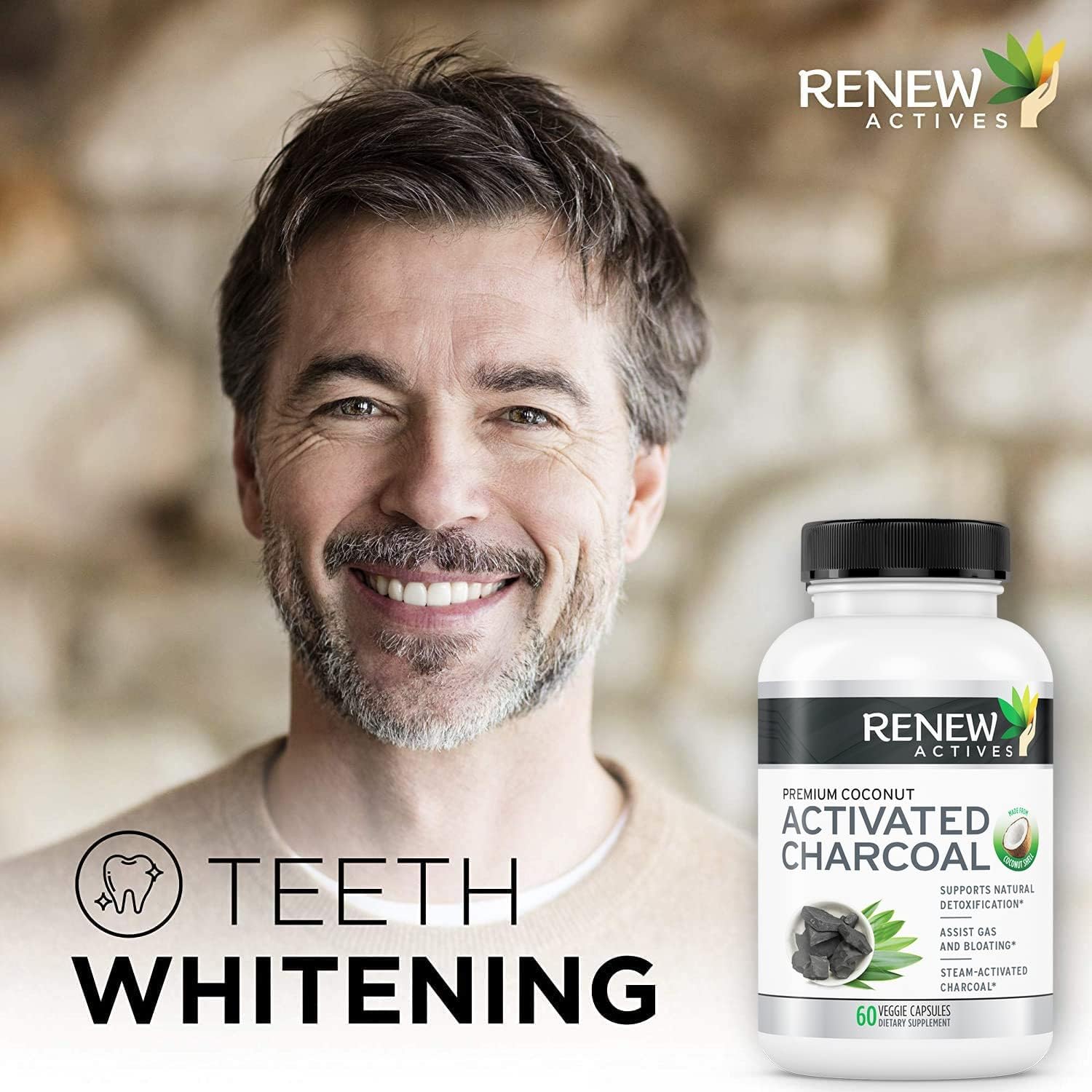 Renew Actives Activated Charcoal Supplement - Natural Digestive Support & Teeth Whitening Formula - 60 Capsules