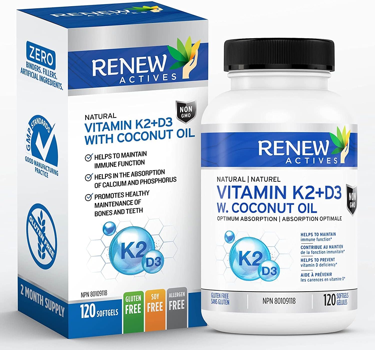 Renew Actives D3 K2 Supplement with Coconut Oil - Supports Immune Function, Bone Health & Calcium Absorption - 120 Softgels