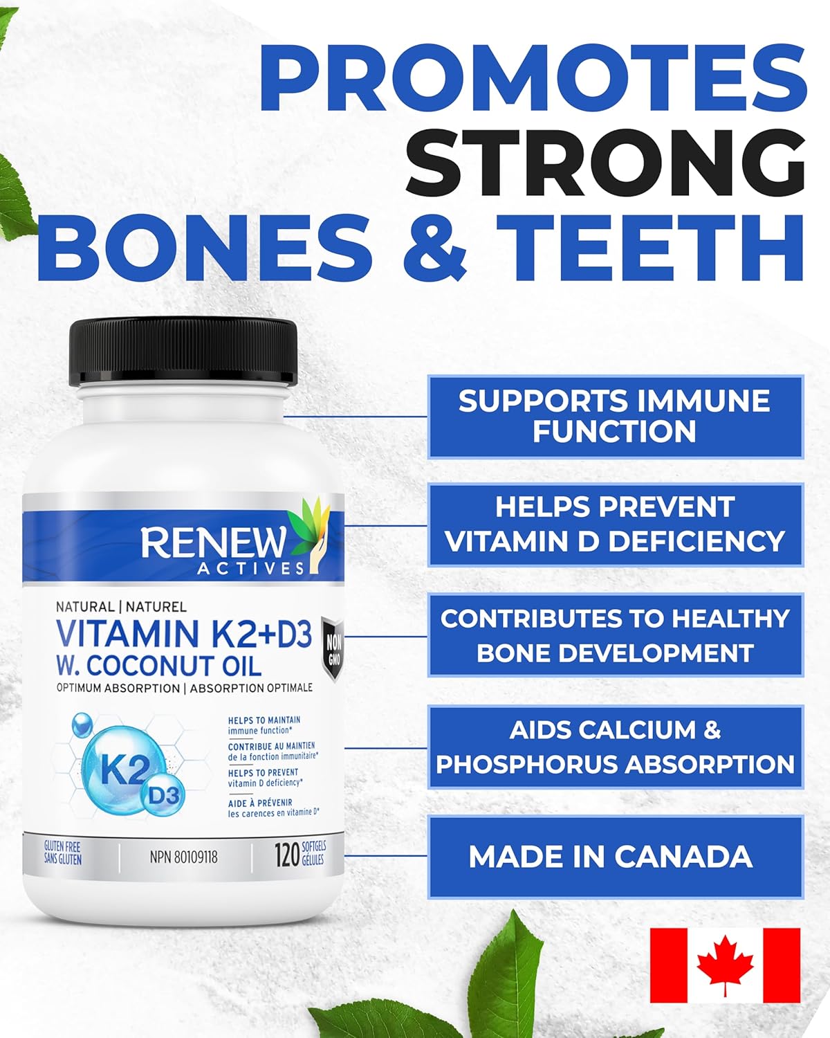 Renew Actives D3 K2 Supplement with Coconut Oil - Supports Immune Function, Bone Health & Calcium Absorption - 120 Softgels