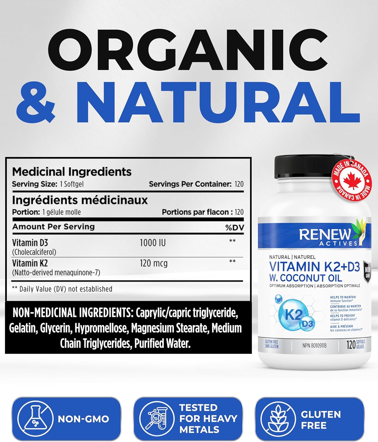 Renew Actives D3 K2 Supplement with Coconut Oil - Supports Immune Function, Bone Health & Calcium Absorption - 120 Softgels