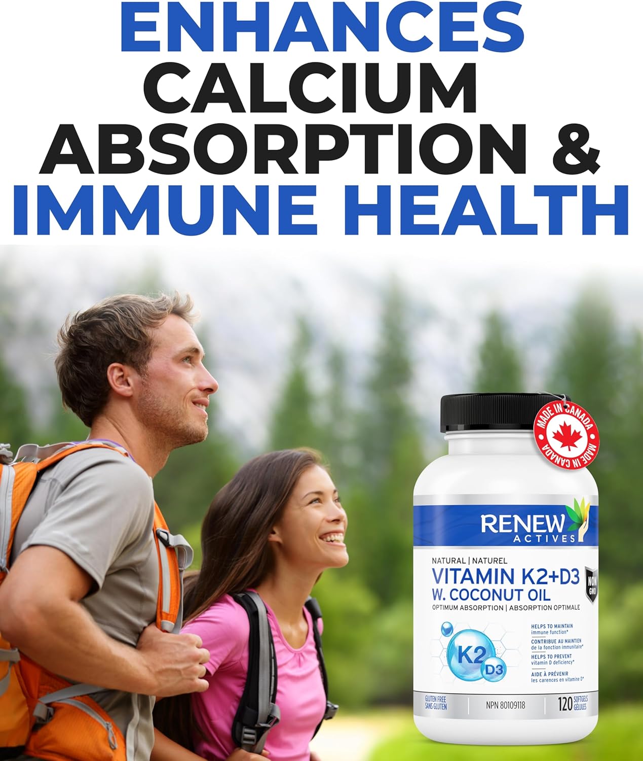 Renew Actives D3 K2 Supplement with Coconut Oil - Supports Immune Function, Bone Health & Calcium Absorption - 120 Softgels