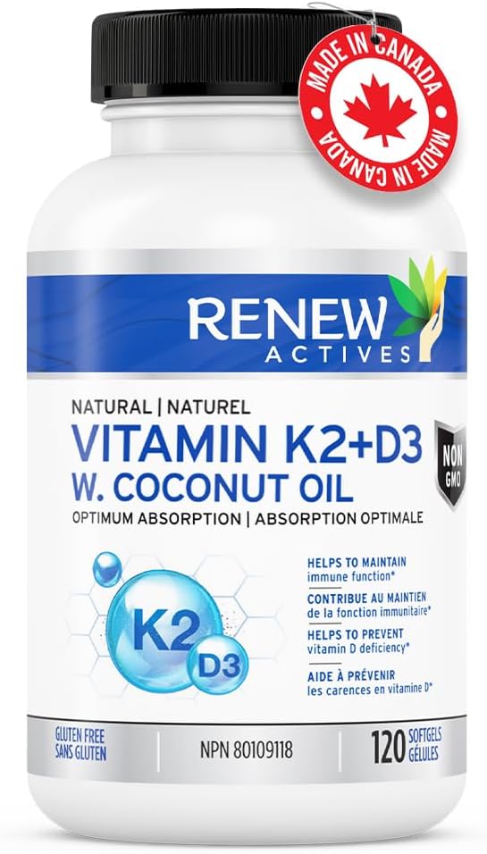 Renew Actives D3 K2 Supplement with Coconut Oil - Supports Immune Function, Bone Health & Calcium Absorption - 120 Softgels