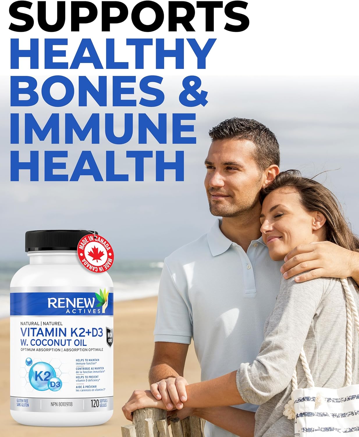 Renew Actives D3 K2 Supplement with Coconut Oil - Supports Immune Function, Bone Health & Calcium Absorption - 120 Softgels