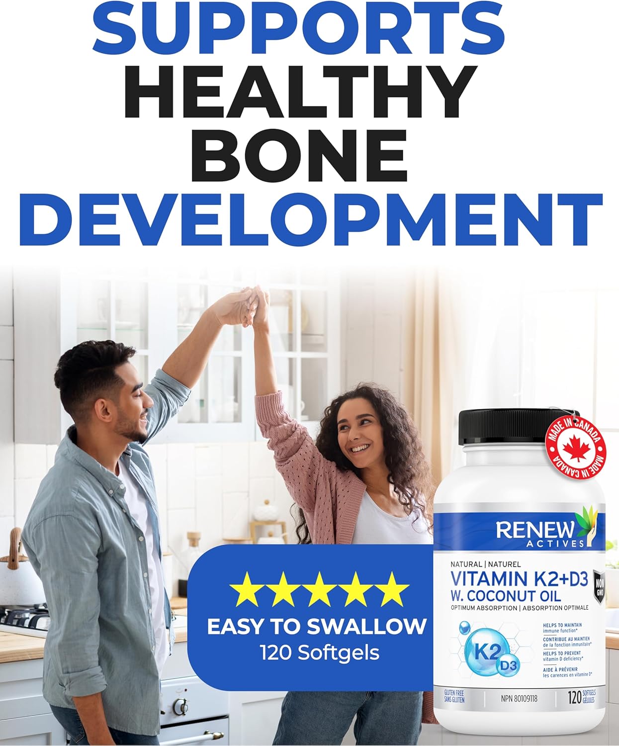 Renew Actives D3 K2 Supplement with Coconut Oil - Supports Immune Function, Bone Health & Calcium Absorption - 120 Softgels