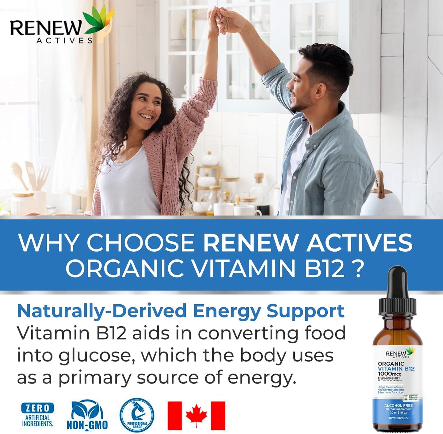 Renew Actives Premium Vegan B12 Liquid Extract Supplement for Healthy Skin, Nails, Hair, & Immune Functions - Fast-Absorbing 30ml Bottle
