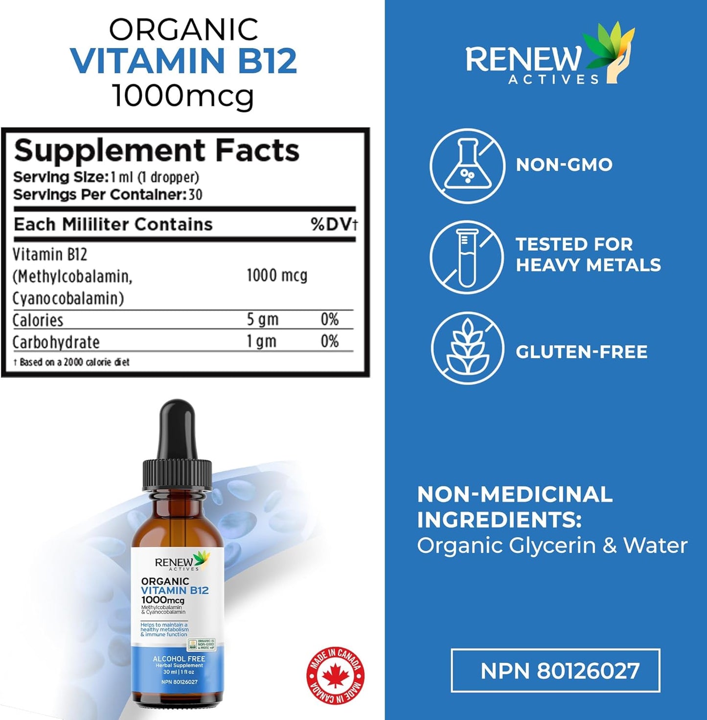 Renew Actives Premium Vegan B12 Liquid Extract Supplement for Healthy Skin, Nails, Hair, & Immune Functions - Fast-Absorbing 30ml Bottle