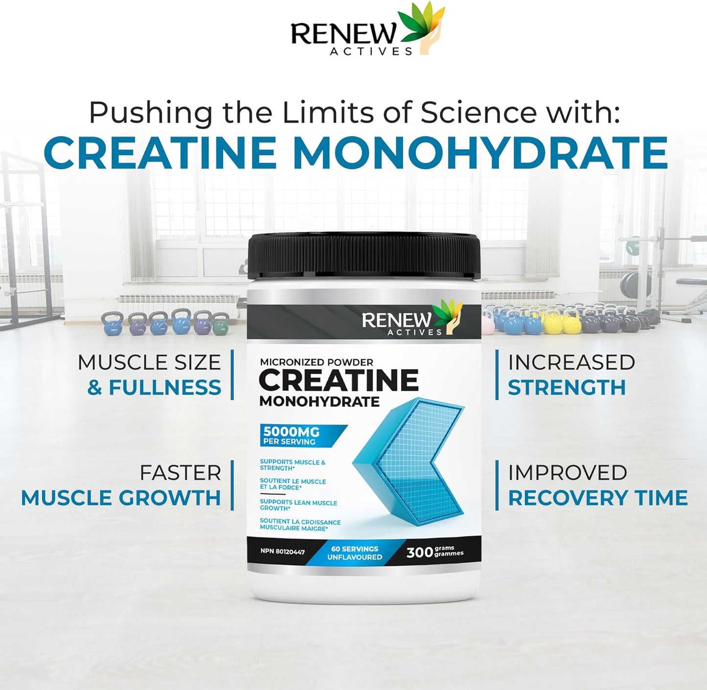 Renew Actives Pure Micronized Creatine Monohydrate Powder - 5000mg Per Serving, Unflavored Muscle Growth Supplement - 60 Servings
