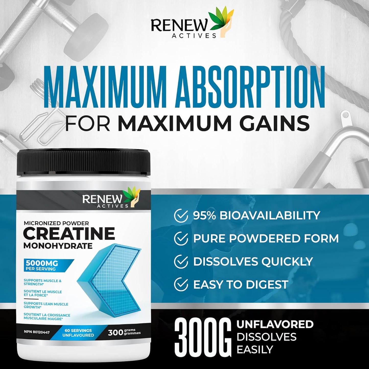 Renew Actives Pure Micronized Creatine Monohydrate Powder - 5000mg Per Serving, Unflavored Muscle Growth Supplement - 60 Servings