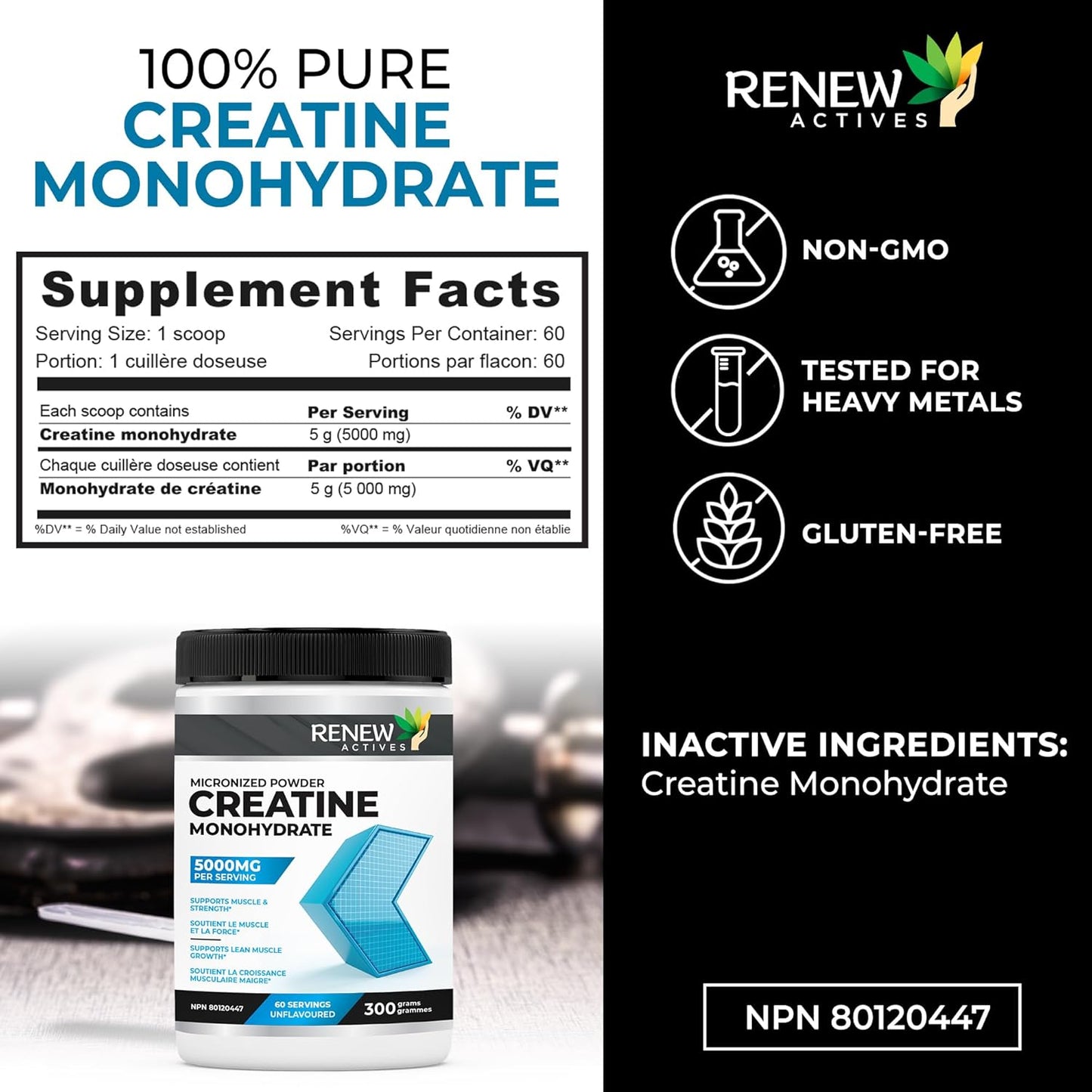Renew Actives Pure Micronized Creatine Monohydrate Powder - 5000mg Per Serving, Unflavored Muscle Growth Supplement - 60 Servings