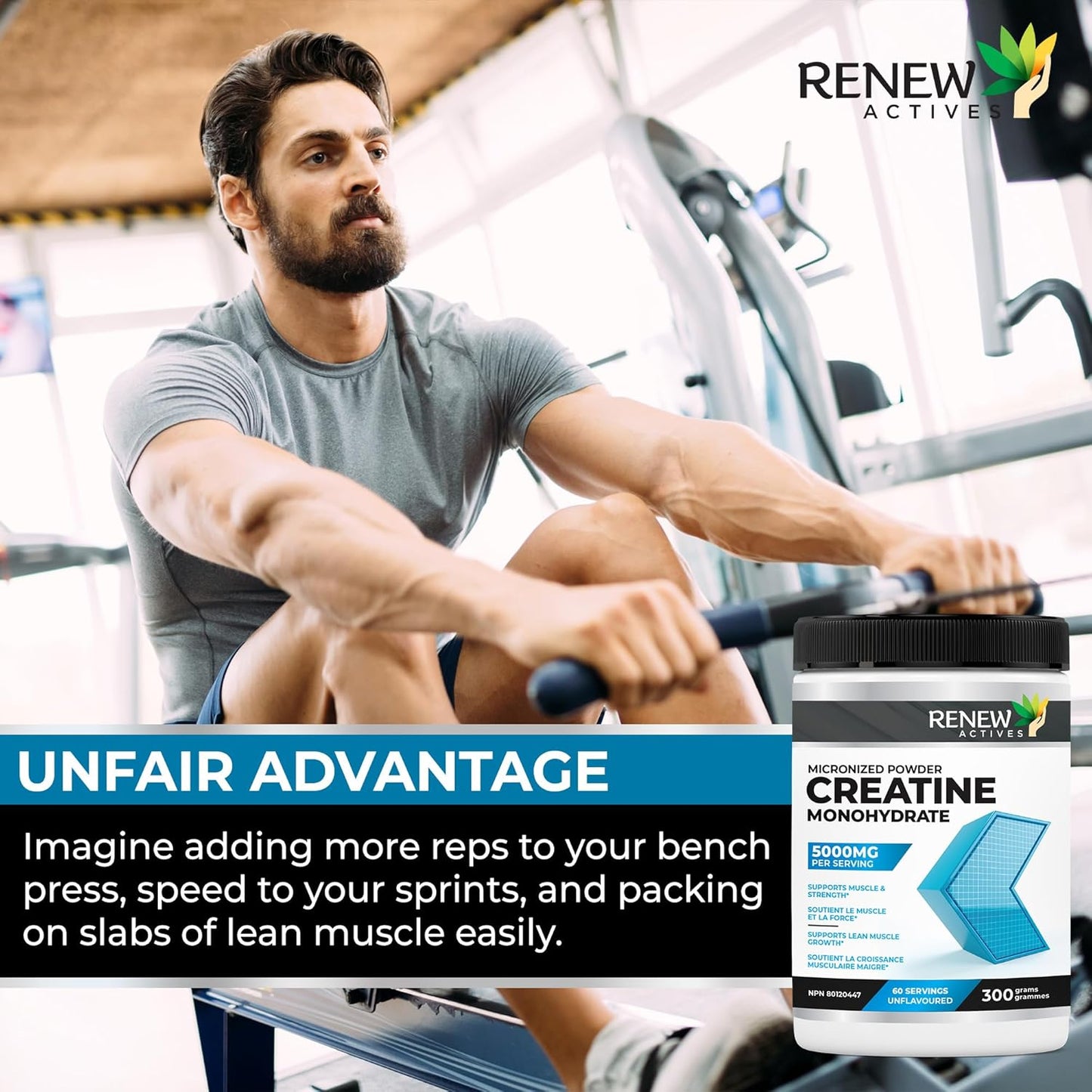 Renew Actives Pure Micronized Creatine Monohydrate Powder - 5000mg Per Serving, Unflavored Muscle Growth Supplement - 60 Servings