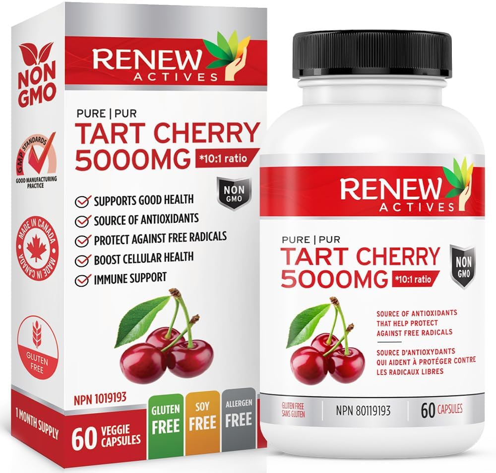 Renew Actives Tart Cherry Extract Capsules - 10,000mg per Serving - Antioxidant Supplement for Wellness - 60 Capsules - Made in Canada