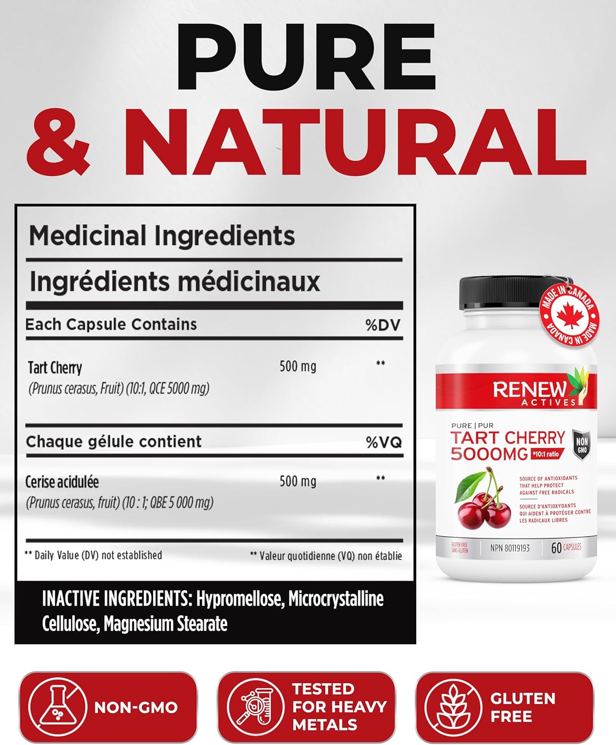 Renew Actives Tart Cherry Extract Capsules - 10,000mg per Serving - Antioxidant Supplement for Wellness - 60 Capsules - Made in Canada