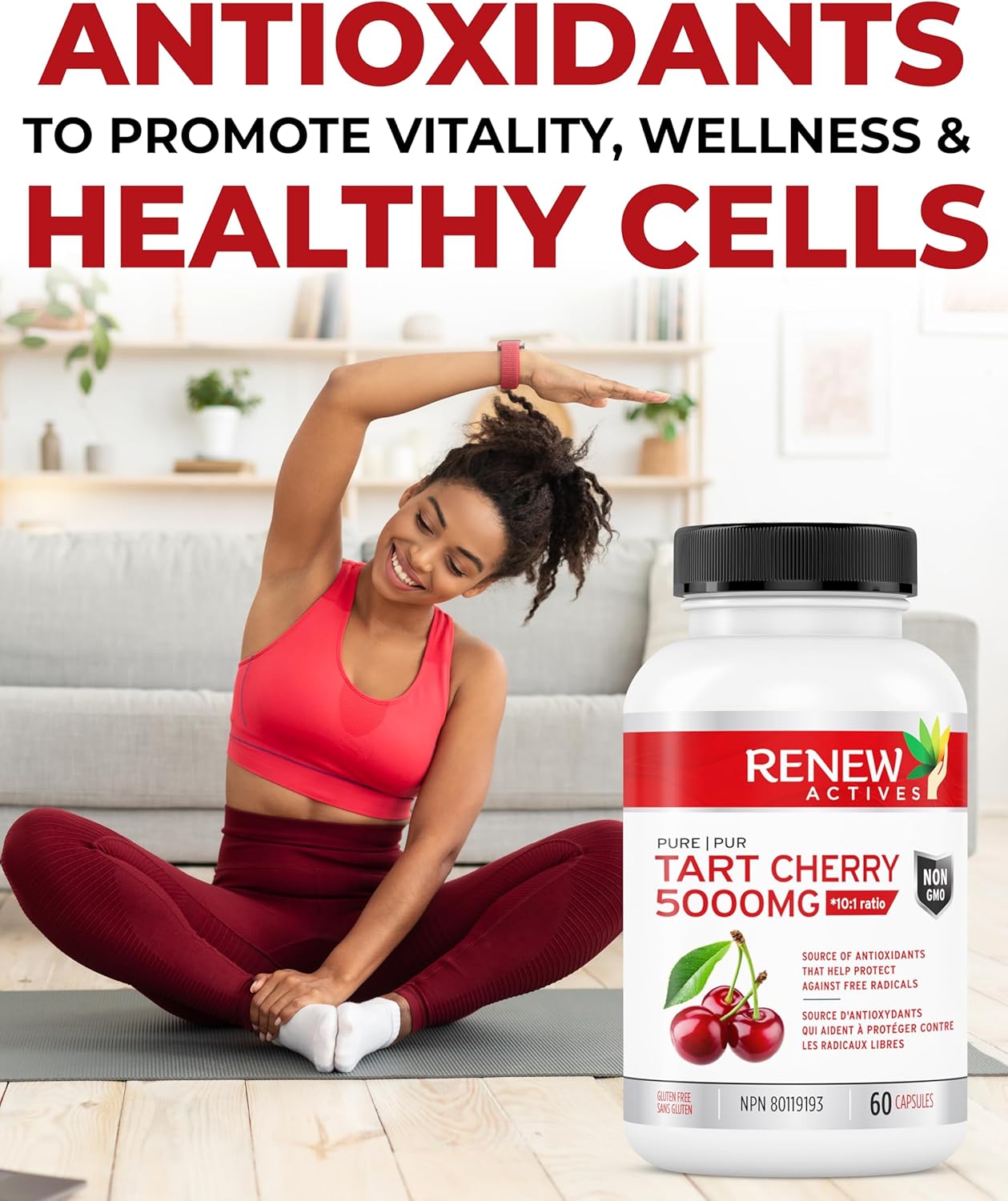 Renew Actives Tart Cherry Extract Capsules - 10,000mg per Serving - Antioxidant Supplement for Wellness - 60 Capsules - Made in Canada