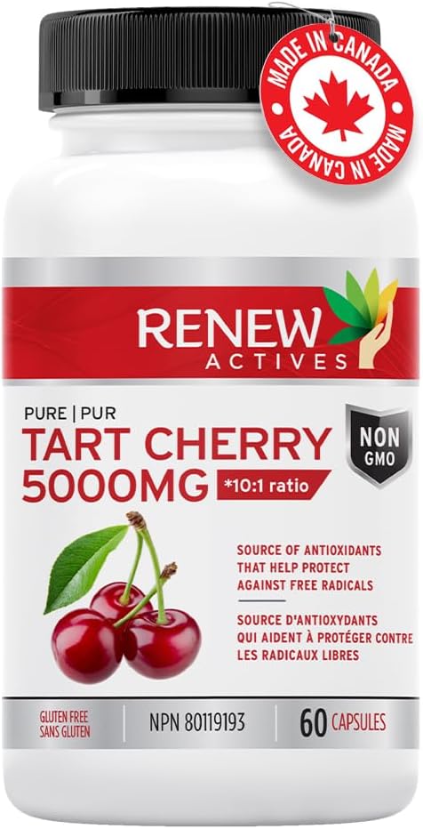 Renew Actives Tart Cherry Extract Capsules - 10,000mg per Serving - Antioxidant Supplement for Wellness - 60 Capsules - Made in Canada