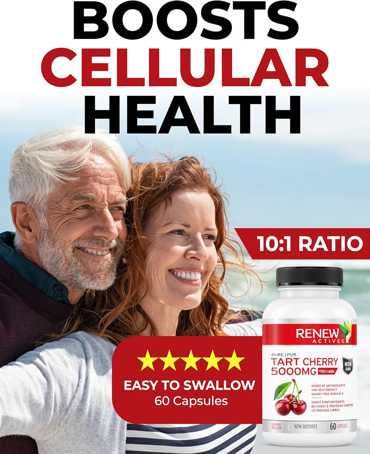 Renew Actives Tart Cherry Extract Capsules - 10,000mg per Serving - Antioxidant Supplement for Wellness - 60 Capsules - Made in Canada