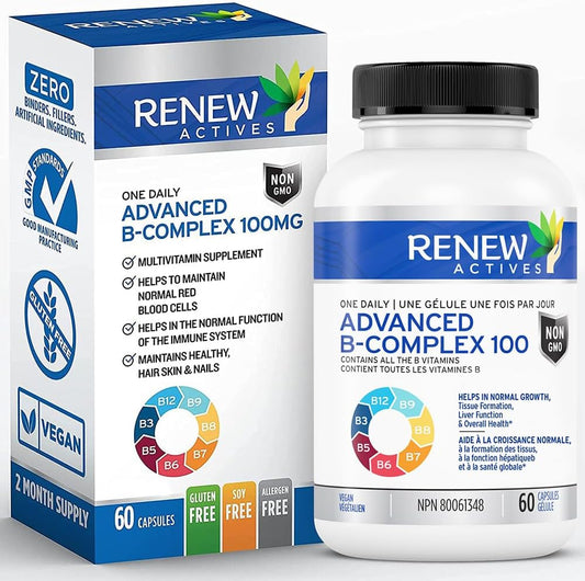 Renew Actives Vitamin B Complex 100 Capsules for Balanced Health & Energy - Daily B1, B2, B3, B5, B6, B12 Supplement with Liver Support & Red Blood Cell Formation - 60 Count