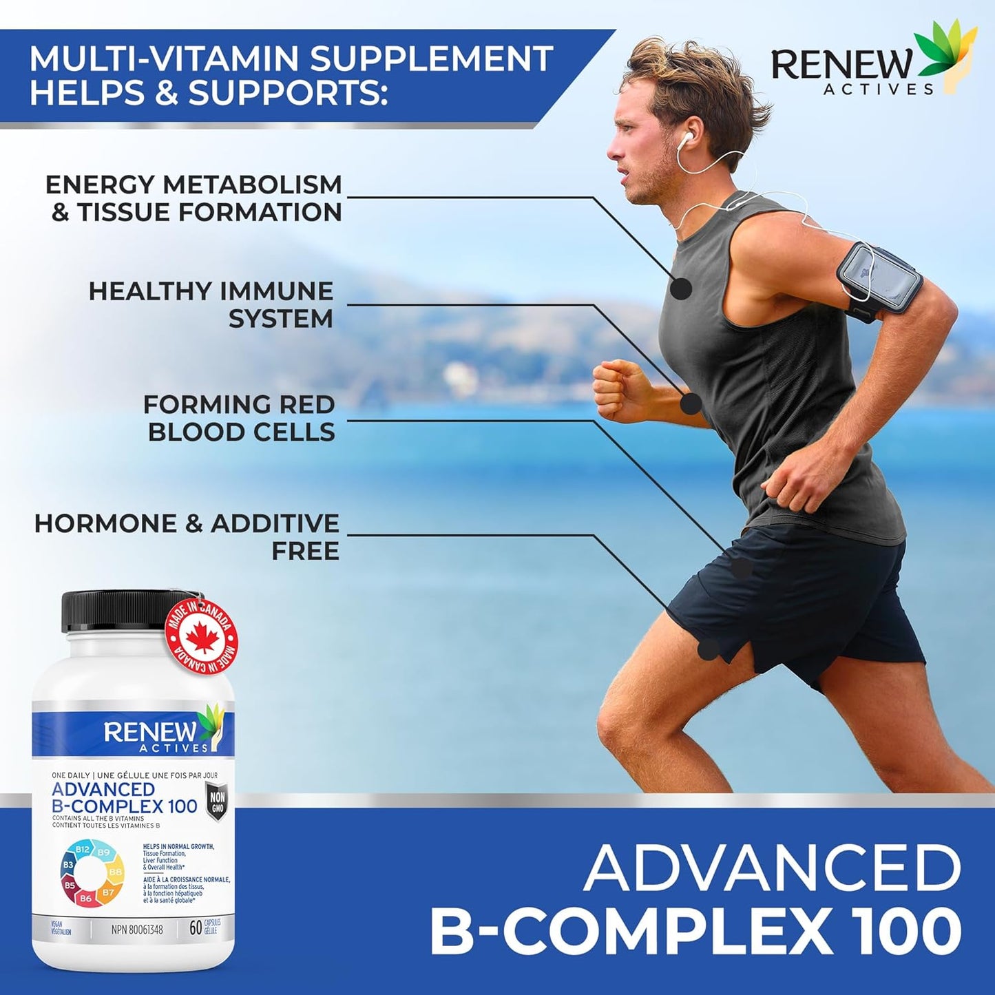 Renew Actives Vitamin B Complex 100 Capsules for Balanced Health & Energy - Daily B1, B2, B3, B5, B6, B12 Supplement with Liver Support & Red Blood Cell Formation - 60 Count