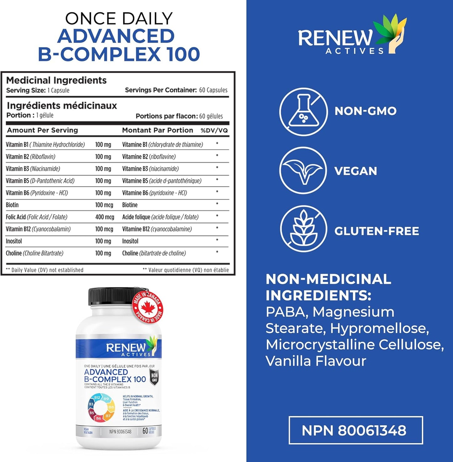 Renew Actives Vitamin B Complex 100 Capsules for Balanced Health & Energy - Daily B1, B2, B3, B5, B6, B12 Supplement with Liver Support & Red Blood Cell Formation - 60 Count