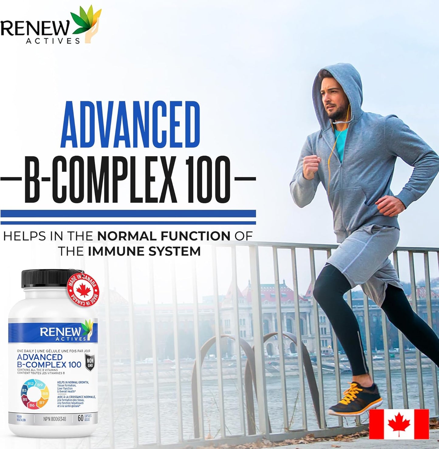 Renew Actives Vitamin B Complex 100 Capsules for Balanced Health & Energy - Daily B1, B2, B3, B5, B6, B12 Supplement with Liver Support & Red Blood Cell Formation - 60 Count