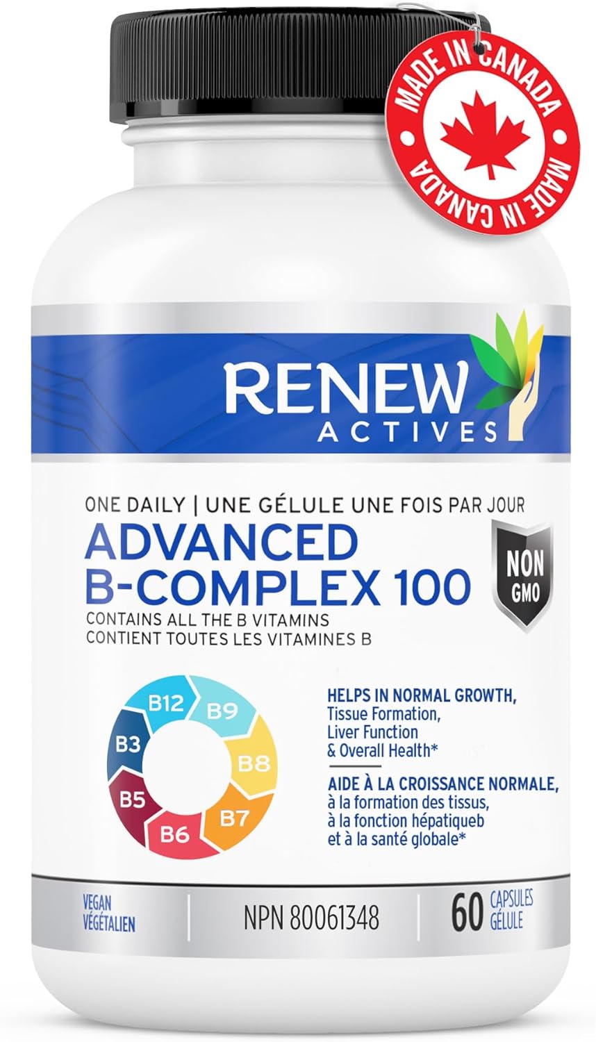 Renew Actives Vitamin B Complex 100 Capsules for Balanced Health & Energy - Daily B1, B2, B3, B5, B6, B12 Supplement with Liver Support & Red Blood Cell Formation - 60 Count