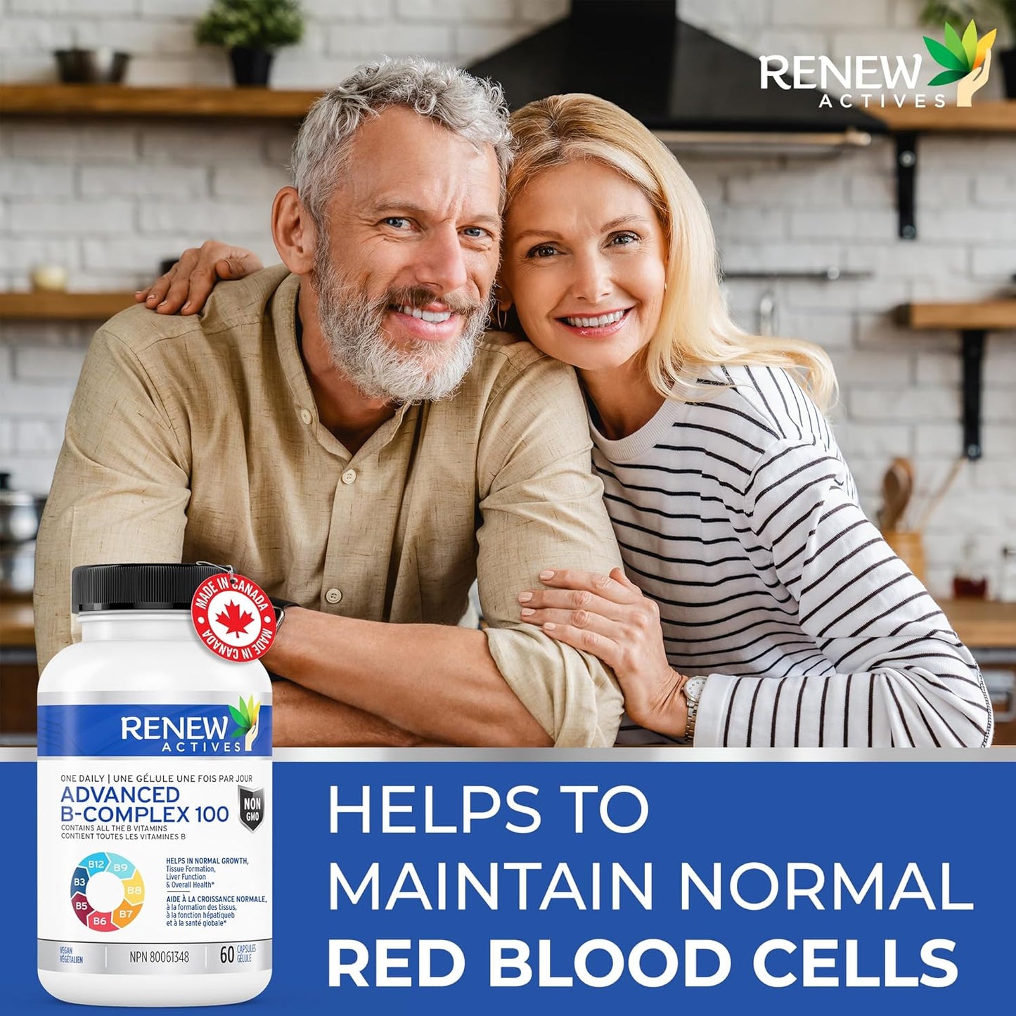 Renew Actives Vitamin B Complex 100 Capsules for Balanced Health & Energy - Daily B1, B2, B3, B5, B6, B12 Supplement with Liver Support & Red Blood Cell Formation - 60 Count