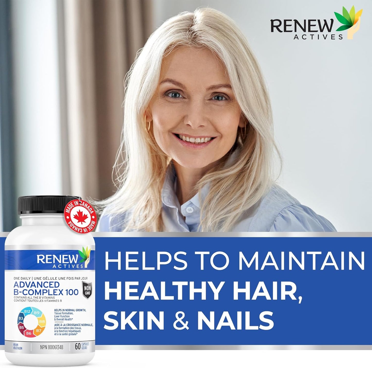 Renew Actives Vitamin B Complex 100 Capsules for Balanced Health & Energy - Daily B1, B2, B3, B5, B6, B12 Supplement with Liver Support & Red Blood Cell Formation - 60 Count