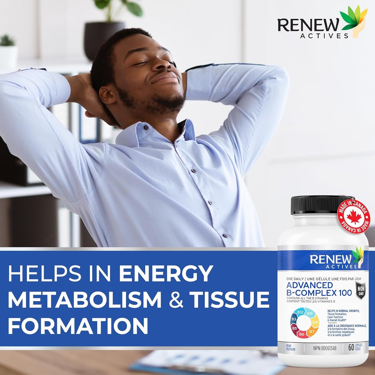 Renew Actives Vitamin B Complex 100 Capsules for Balanced Health & Energy - Daily B1, B2, B3, B5, B6, B12 Supplement with Liver Support & Red Blood Cell Formation - 60 Count