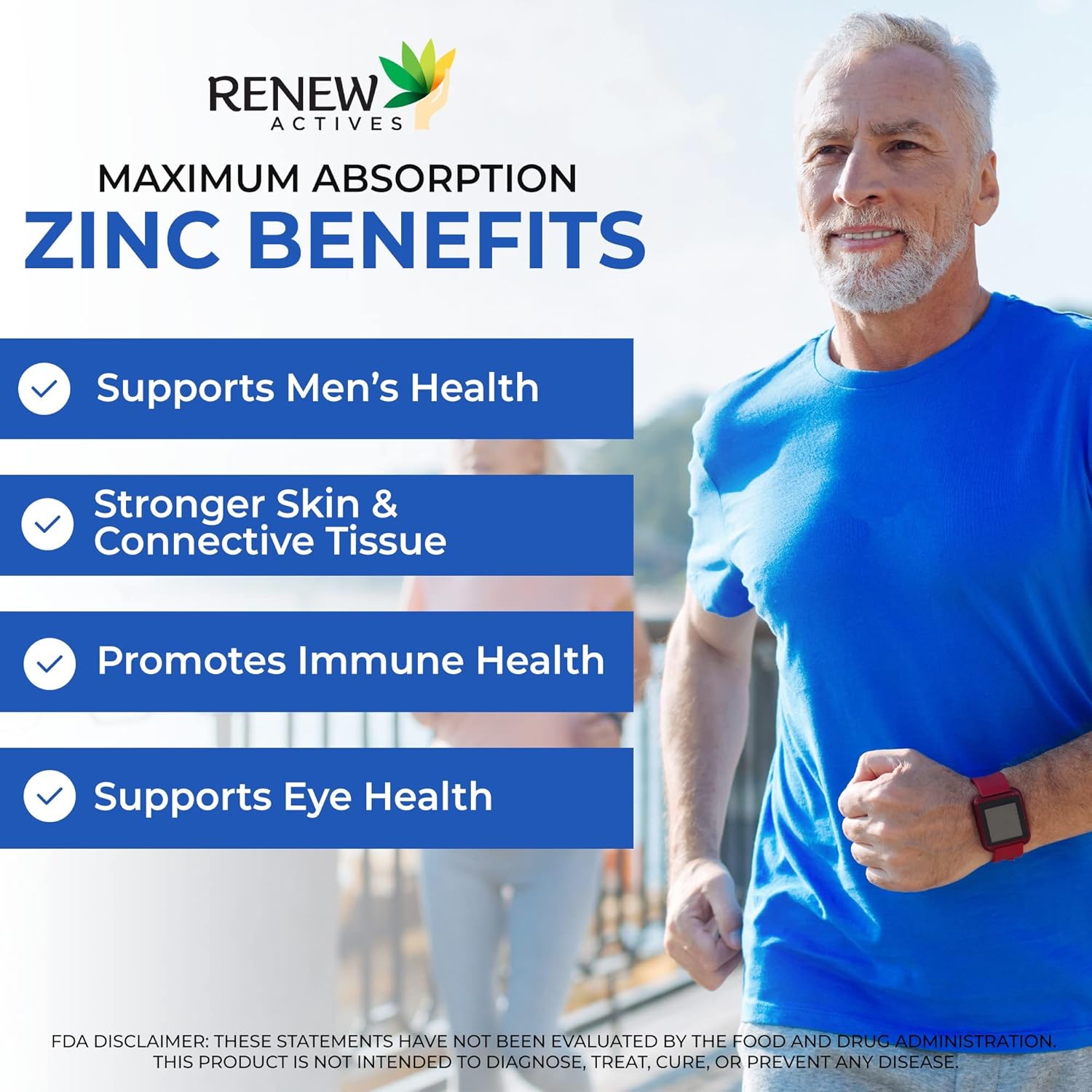 Renew Actives Zinc Supplements: Supports Immune Health, Strong Bones, Hair, Nails, & Skin - Easy-to-Swallow Daily Tablets - 250 Count