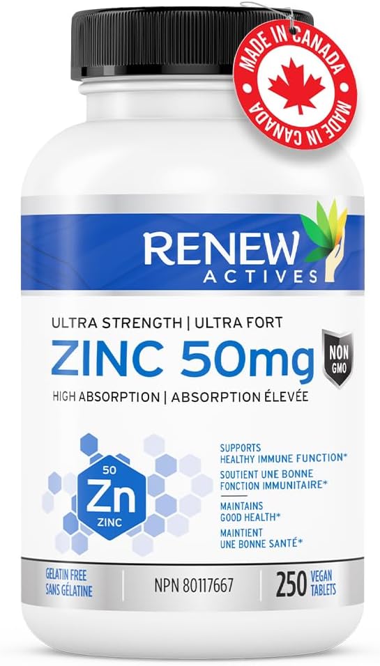 Renew Actives Zinc Supplements: Supports Immune Health, Strong Bones, Hair, Nails, & Skin - Easy-to-Swallow Daily Tablets - 250 Count