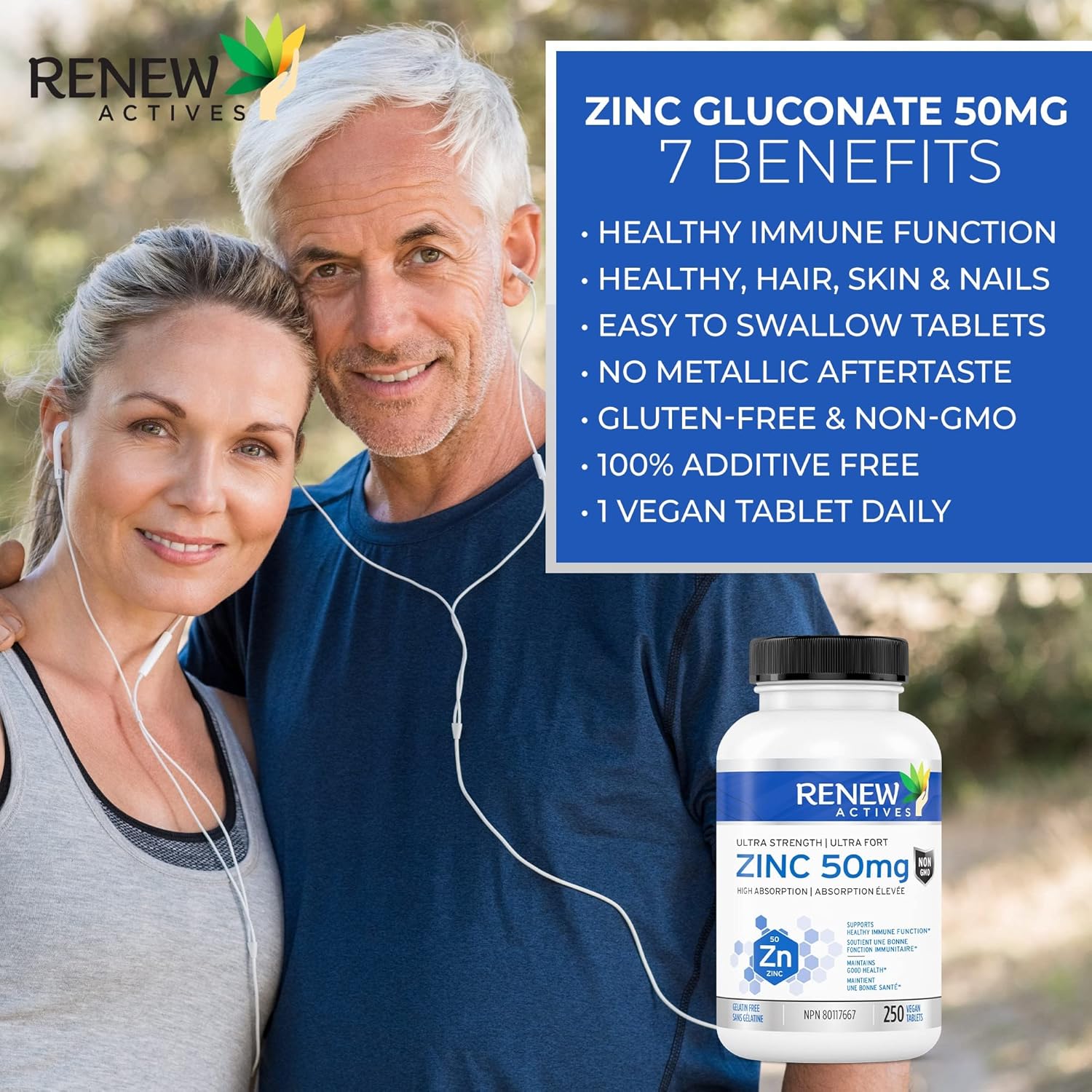Renew Actives Zinc Supplements: Supports Immune Health, Strong Bones, Hair, Nails, & Skin - Easy-to-Swallow Daily Tablets - 250 Count