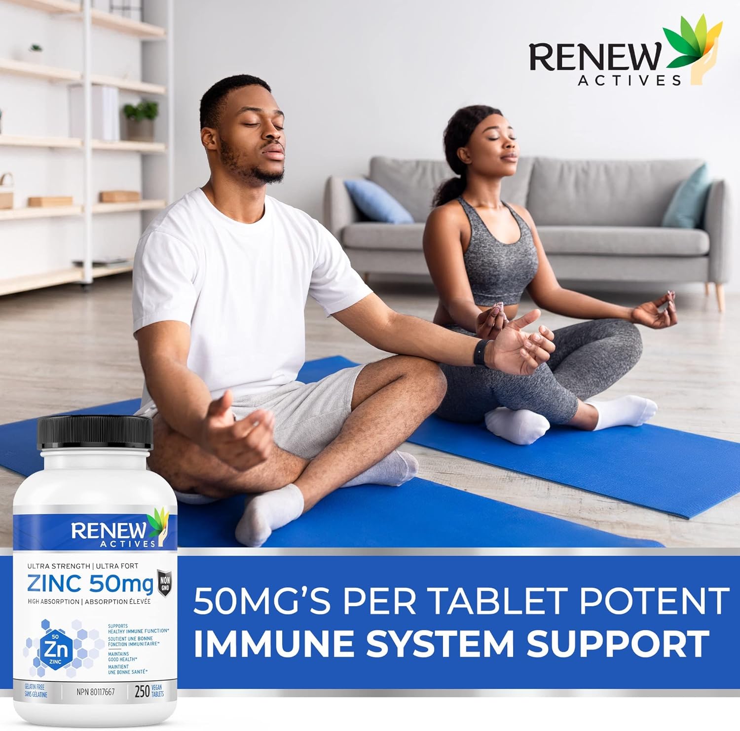 Renew Actives Zinc Supplements: Supports Immune Health, Strong Bones, Hair, Nails, & Skin - Easy-to-Swallow Daily Tablets - 250 Count